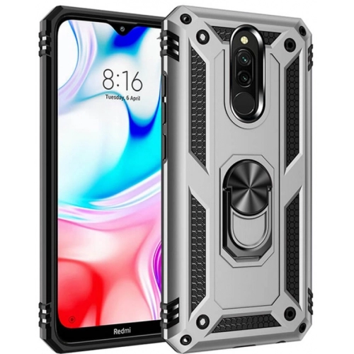 Xiaomi Redmi 8 Kılıf Silikon Zırhlı Standlı Yüzüklü Mıknatıslı Tank Kapak - Gümüş