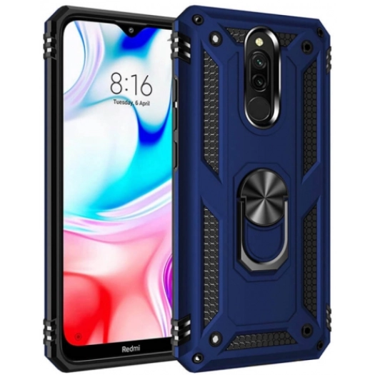 Xiaomi Redmi 8 Kılıf Silikon Zırhlı Standlı Yüzüklü Mıknatıslı Tank Kapak - Lacivert