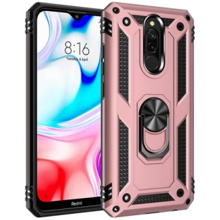 Xiaomi Redmi 8 Kılıf Silikon Zırhlı Standlı Yüzüklü Mıknatıslı Tank Kapak - Rose Gold