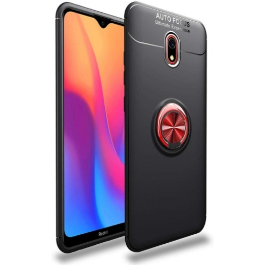Xiaomi Redmi 8A Kılıf Renkli Silikon Yüzüklü Standlı Auto Focus Ravel Kapak - Kırmızı - Siyah