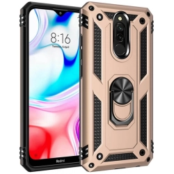 Xiaomi Redmi 8A Kılıf Silikon Zırhlı Standlı Yüzüklü Mıknatıslı Tank Kapak - Gold