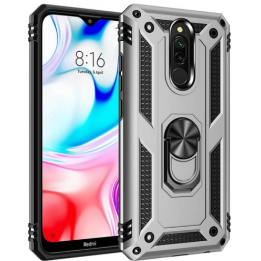 Xiaomi Redmi 8A Kılıf Silikon Zırhlı Standlı Yüzüklü Mıknatıslı Tank Kapak - Gri