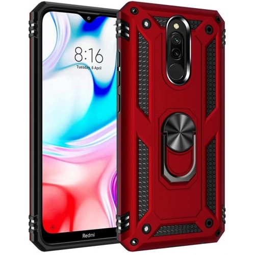 Xiaomi Redmi 8A Kılıf Silikon Zırhlı Standlı Yüzüklü Mıknatıslı Tank Kapak - Kırmızı