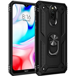 Xiaomi Redmi 8A Kılıf Silikon Zırhlı Standlı Yüzüklü Mıknatıslı Tank Kapak - Siyah