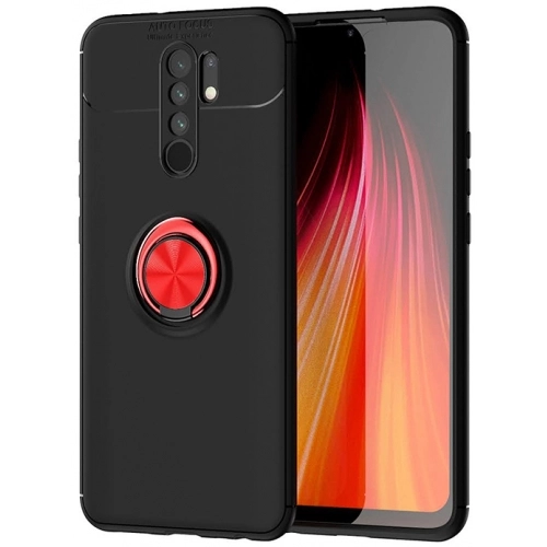 Xiaomi Redmi 9 Kılıf Renkli Silikon Yüzüklü Standlı Auto Focus Ravel Kapak - Kırmızı - Siyah