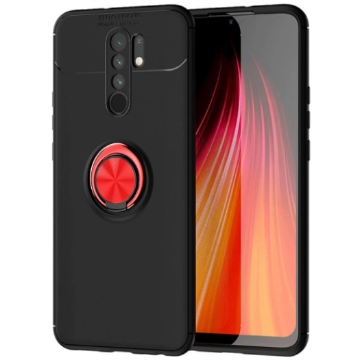 Xiaomi Redmi 9 Kılıf Renkli Silikon Yüzüklü Standlı Auto Focus Ravel Kapak - Kırmızı - Siyah