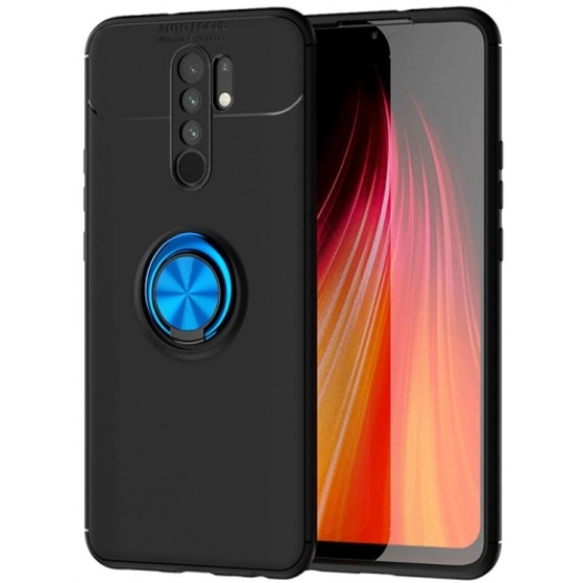Xiaomi Redmi 9 Kılıf Renkli Silikon Yüzüklü Standlı Auto Focus Ravel Kapak - Mavi - Siyah