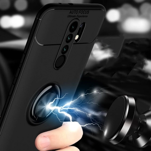 Xiaomi Redmi 9 Kılıf Renkli Silikon Yüzüklü Standlı Auto Focus Ravel Kapak - Siyah