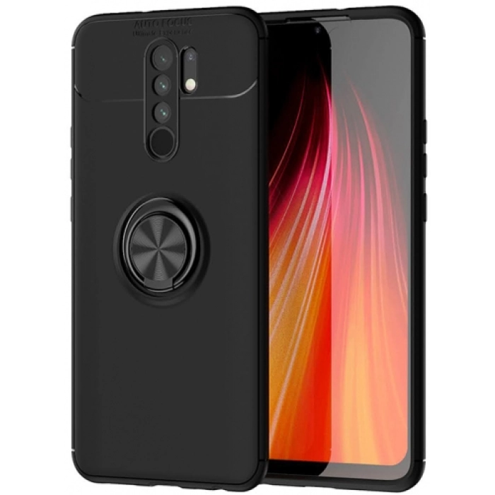 Xiaomi Redmi 9 Kılıf Renkli Silikon Yüzüklü Standlı Auto Focus Ravel Kapak - Siyah