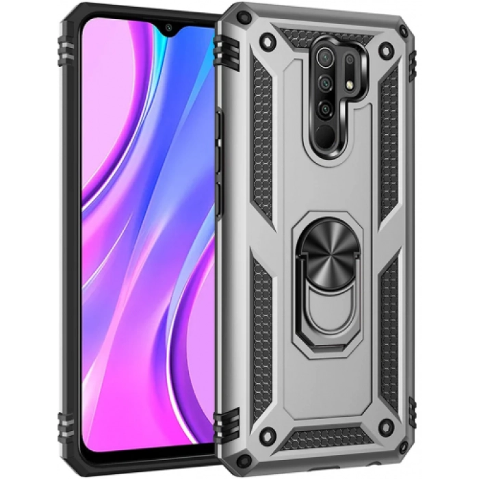 Xiaomi Redmi 9 Kılıf Silikon Zırhlı Standlı Yüzüklü Mıknatıslı Tank Kapak - Gümüş