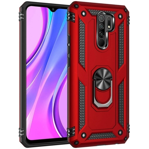 Xiaomi Redmi 9 Kılıf Silikon Zırhlı Standlı Yüzüklü Mıknatıslı Tank Kapak - Kırmızı