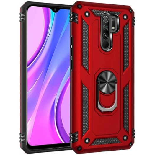 Xiaomi Redmi 9 Kılıf Silikon Zırhlı Standlı Yüzüklü Mıknatıslı Tank Kapak - Kırmızı