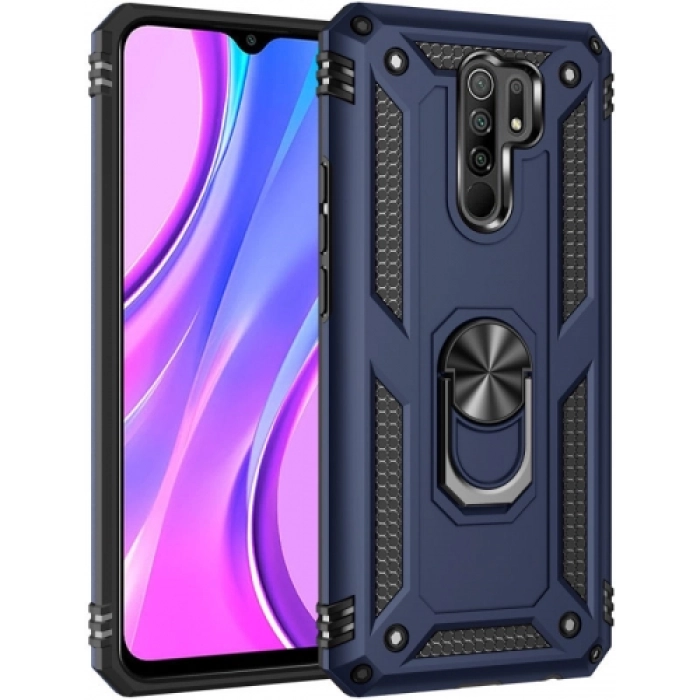 Xiaomi Redmi 9 Kılıf Silikon Zırhlı Standlı Yüzüklü Mıknatıslı Tank Kapak - Lacivert