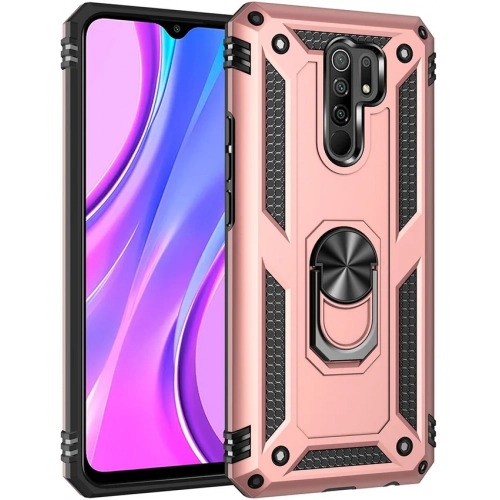Xiaomi Redmi 9 Kılıf Silikon Zırhlı Standlı Yüzüklü Mıknatıslı Tank Kapak - Rose Gold