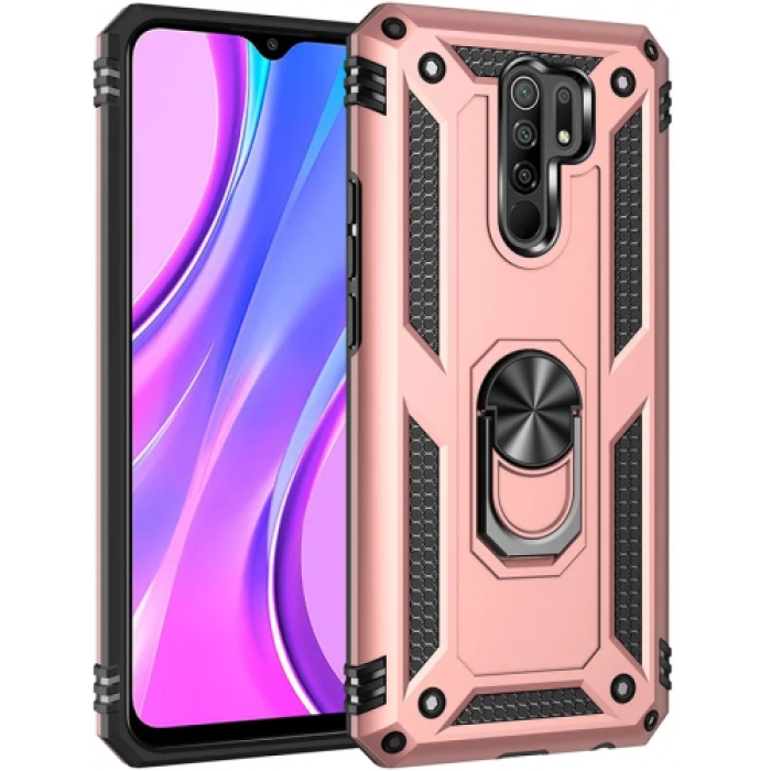 Xiaomi Redmi 9 Kılıf Silikon Zırhlı Standlı Yüzüklü Mıknatıslı Tank Kapak - Rose Gold