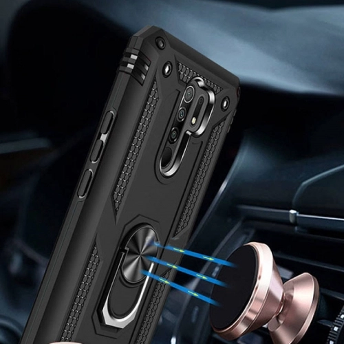 Xiaomi Redmi 9 Kılıf Silikon Zırhlı Standlı Yüzüklü Mıknatıslı Tank Kapak - Siyah