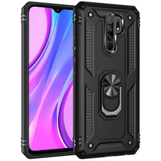 Xiaomi Redmi 9 Kılıf Silikon Zırhlı Standlı Yüzüklü Mıknatıslı Tank Kapak - Siyah