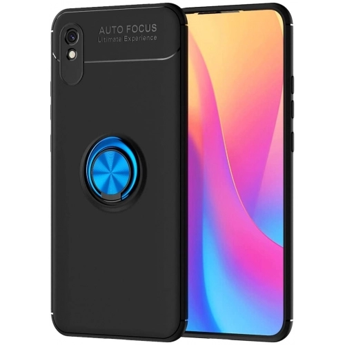 Xiaomi Redmi 9A Kılıf Renkli Silikon Yüzüklü Standlı Auto Focus Ravel Kapak - Mavi - Siyah