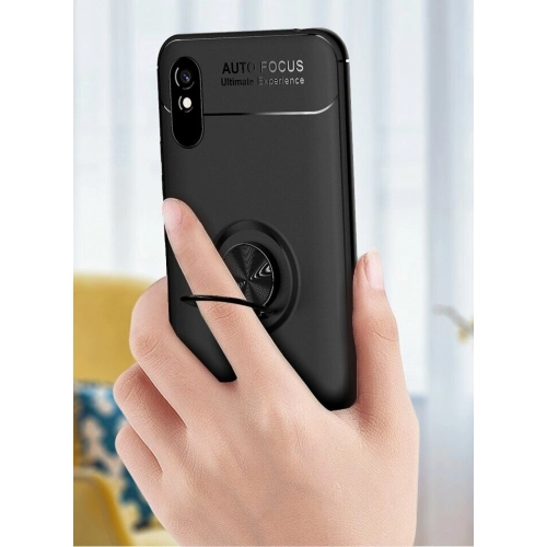 Xiaomi Redmi 9A Kılıf Renkli Silikon Yüzüklü Standlı Auto Focus Ravel Kapak - Siyah