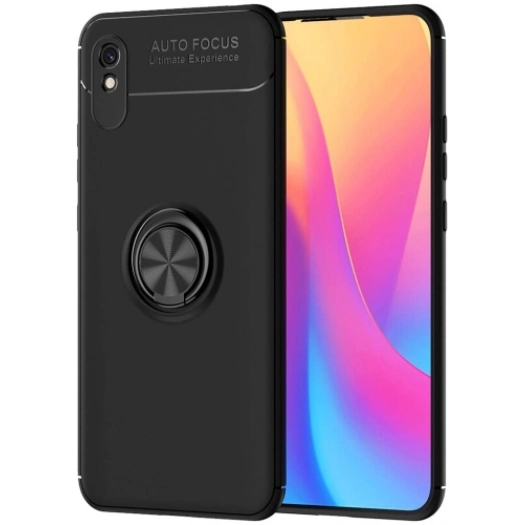 Xiaomi Redmi 9A Kılıf Renkli Silikon Yüzüklü Standlı Auto Focus Ravel Kapak - Siyah