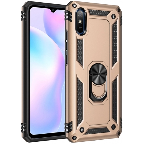 Xiaomi Redmi 9A Kılıf Silikon Zırhlı Standlı Yüzüklü Mıknatıslı Tank Kapak - Gold