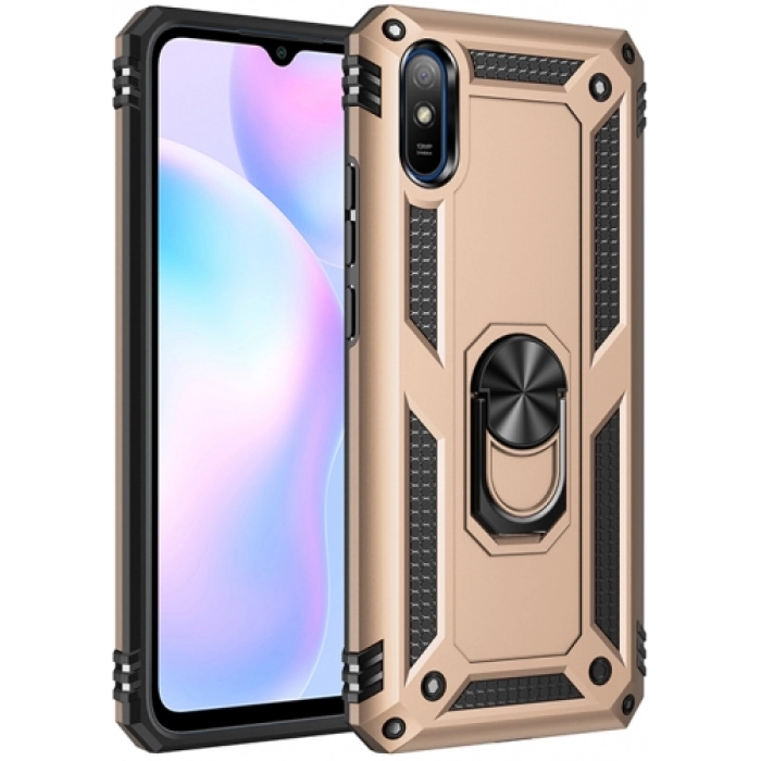 Xiaomi Redmi 9A Kılıf Silikon Zırhlı Standlı Yüzüklü Mıknatıslı Tank Kapak - Gold