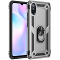 Xiaomi Redmi 9A Kılıf Silikon Zırhlı Standlı Yüzüklü Mıknatıslı Tank Kapak - Gümüş