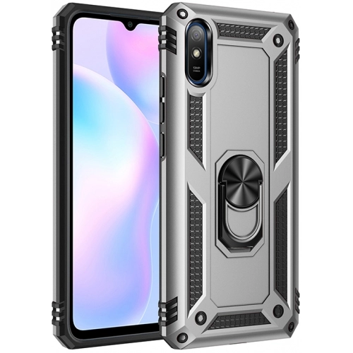 Xiaomi Redmi 9A Kılıf Silikon Zırhlı Standlı Yüzüklü Mıknatıslı Tank Kapak - Gümüş