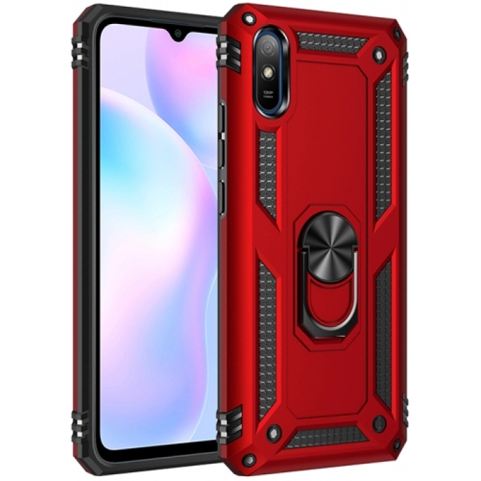 Xiaomi Redmi 9A Kılıf Silikon Zırhlı Standlı Yüzüklü Mıknatıslı Tank Kapak - Kırmızı