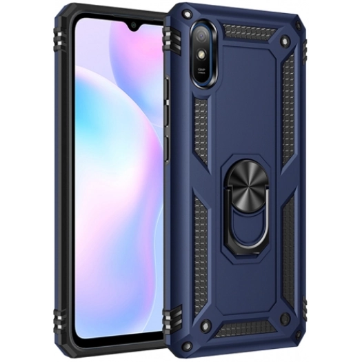 Xiaomi Redmi 9A Kılıf Silikon Zırhlı Standlı Yüzüklü Mıknatıslı Tank Kapak - Lacivert