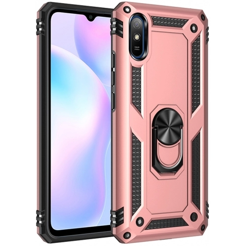 Xiaomi Redmi 9A Kılıf Silikon Zırhlı Standlı Yüzüklü Mıknatıslı Tank Kapak - Rose Gold