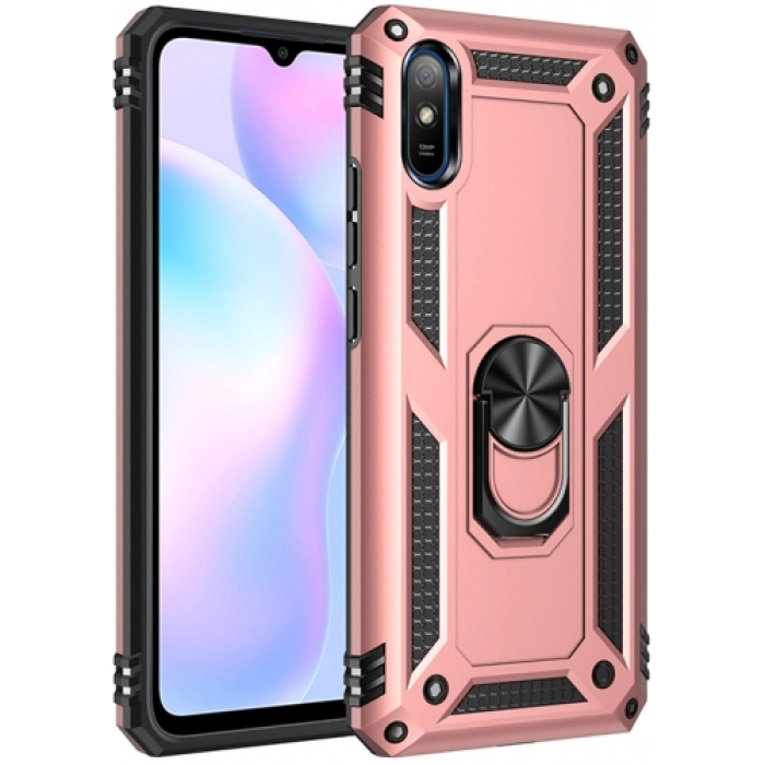 Xiaomi Redmi 9A Kılıf Silikon Zırhlı Standlı Yüzüklü Mıknatıslı Tank Kapak - Rose Gold