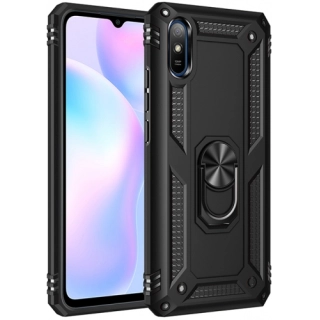 Xiaomi Redmi 9A Kılıf Silikon Zırhlı Standlı Yüzüklü Mıknatıslı Tank Kapak - Siyah