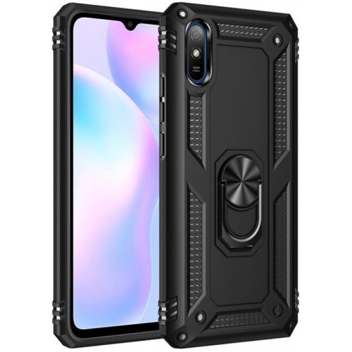 Xiaomi Redmi 9A Kılıf Silikon Zırhlı Standlı Yüzüklü Mıknatıslı Tank Kapak - Siyah