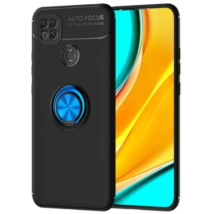 Xiaomi Redmi 9C Kılıf Renkli Silikon Yüzüklü Standlı Auto Focus Ravel Kapak - Mavi - Siyah