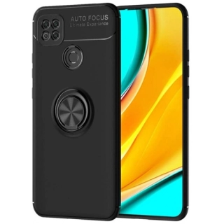 Xiaomi Redmi 9C Kılıf Renkli Silikon Yüzüklü Standlı Auto Focus Ravel Kapak - Siyah