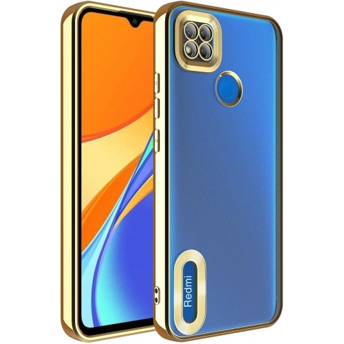 Xiaomi Redmi 9C Kılıf Kamera Lens Korumalı Şeffaf Renkli Logo Gösteren Parlak Kapak - Gold