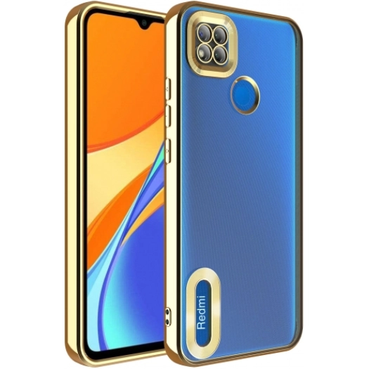 Xiaomi Redmi 9C Kılıf Kamera Lens Korumalı Şeffaf Renkli Logo Gösteren Parlak Kapak - Gold