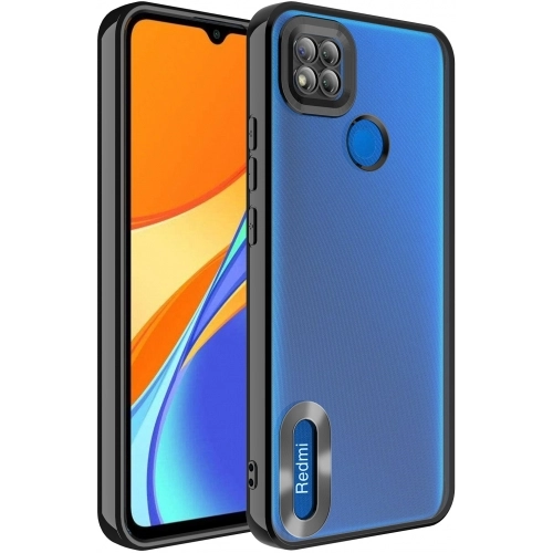 Xiaomi Redmi 9C Kılıf Kamera Lens Korumalı Şeffaf Renkli Logo Gösteren Parlak Kapak - Siyah