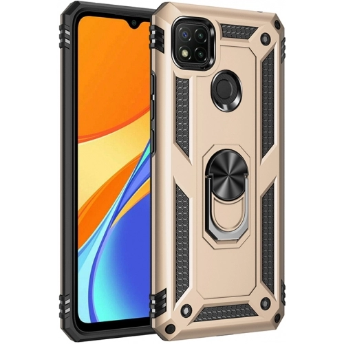 Xiaomi Redmi 9C Kılıf Silikon Zırhlı Standlı Yüzüklü Mıknatıslı Tank Kapak - Gold
