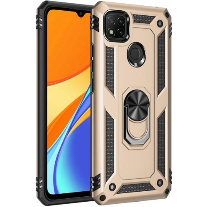 Xiaomi Redmi 9C Kılıf Silikon Zırhlı Standlı Yüzüklü Mıknatıslı Tank Kapak - Gold