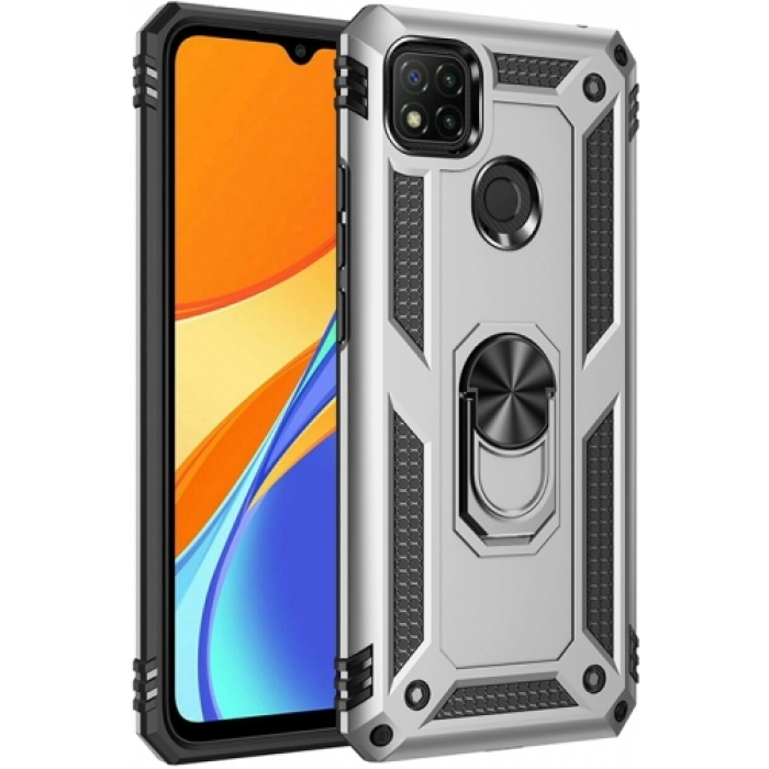 Xiaomi Redmi 9C Kılıf Silikon Zırhlı Standlı Yüzüklü Mıknatıslı Tank Kapak - Gri