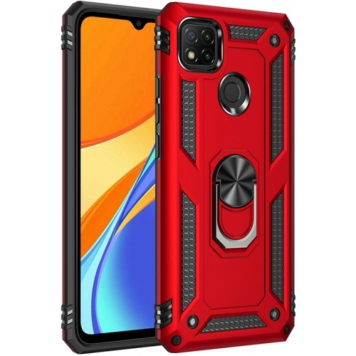 Xiaomi Redmi 9C Kılıf Silikon Zırhlı Standlı Yüzüklü Mıknatıslı Tank Kapak - Kırmızı