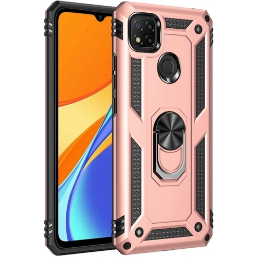 Xiaomi Redmi 9C Kılıf Silikon Zırhlı Standlı Yüzüklü Mıknatıslı Tank Kapak - Rose Gold