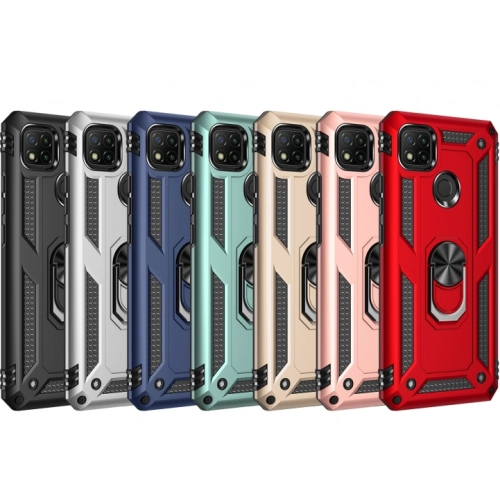 Xiaomi Redmi 9C Kılıf Silikon Zırhlı Standlı Yüzüklü Mıknatıslı Tank Kapak - Siyah