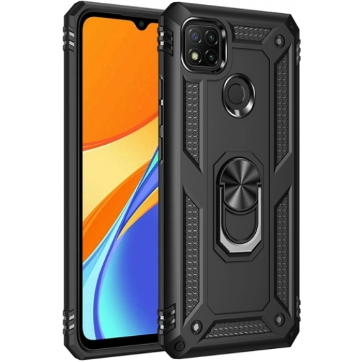 Xiaomi Redmi 9C Kılıf Silikon Zırhlı Standlı Yüzüklü Mıknatıslı Tank Kapak - Siyah