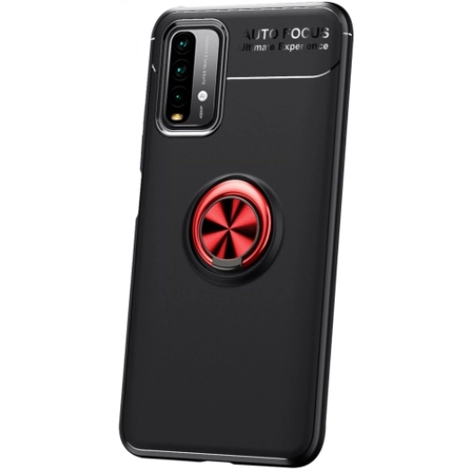 Xiaomi Redmi 9T Kılıf Renkli Silikon Yüzüklü Standlı Auto Focus Ravel Kapak - Kırmızı - Siyah