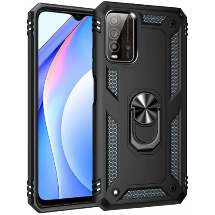 Xiaomi Redmi 9T Kılıf Silikon Zırhlı Standlı Yüzüklü Mıknatıslı Tank Kapak - Siyah