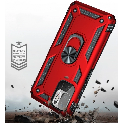 Xiaomi Redmi Note 10 5G Kılıf Silikon Zırhlı Standlı Yüzüklü Mıknatıslı Tank Kapak - Kırmızı