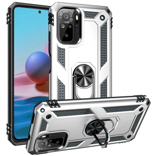 Xiaomi Redmi Note 10 Kılıf Silikon Zırhlı Standlı Yüzüklü Mıknatıslı Tank Kapak - Gümüş